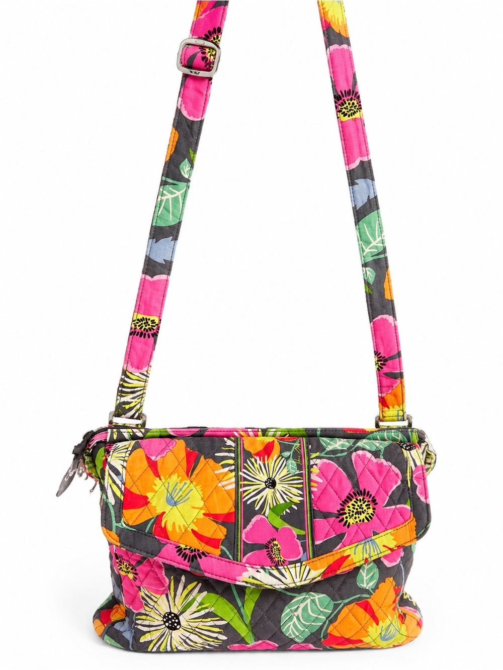 Quilted Floral Crossbody Bag — Gray with Pink & Orange Blooms